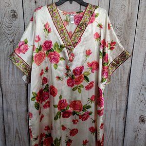 Winlar | White w/Rose Print Satin Kaftan Caftan House Dress MooMoo Swim Cover Up